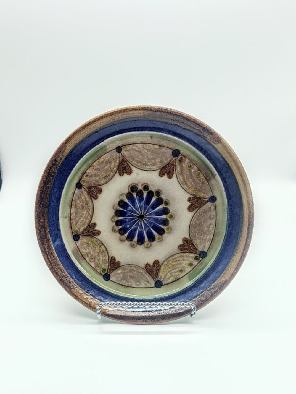 Ken Edwards Pottery Mexico Blue Brown Floral Round Plate